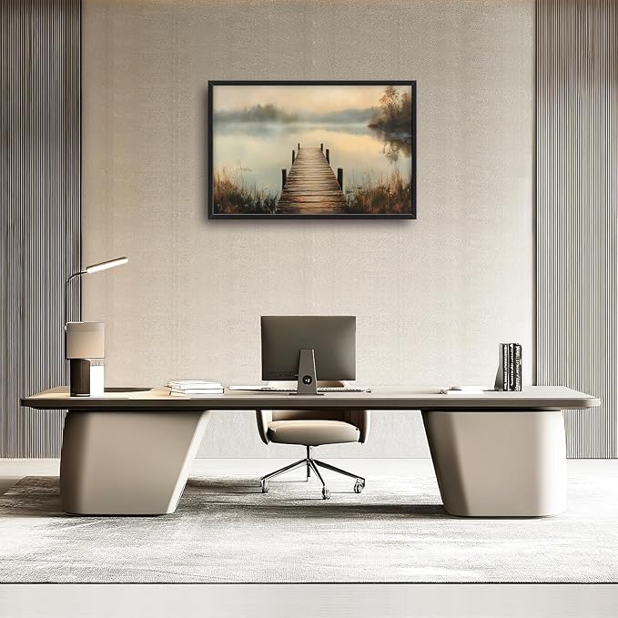 Olivine Large Wall Art, Retro Lake Pictures Wall Decor, Pier Painting, Nature Landscape Canvas Prints, Framed Artwork for Bathroom Bedroom Living Room Office Home Decoration 36"x24"