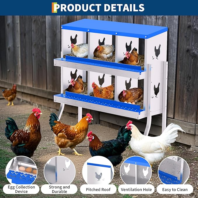 Chicken Nesting Box,6 Compartments Galvanized Steel Metal Chicken Laying Box with Roll Out Egg Collection,Wall Mount Chicken Nesting Boxes,Easy Egg Collection, Hen Roosting Boxes