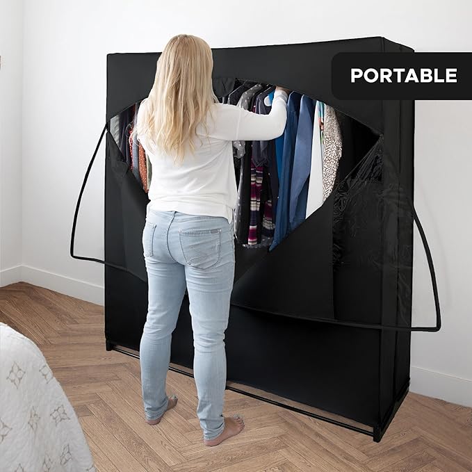 HOLDN’ STORAGE Portable Wardrobe Closet - 65 lb Large Capacity, Internal Heavy Duty Metal Rod, Zipper & Clear Window, Durable Clothes Organizer, Tool-Free Easy Assembly, Black Canvas Cover
