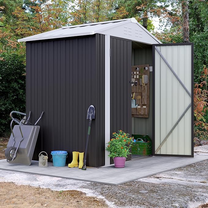 Flamaker 6x4 FT Storage Shed Waterproof Metal Garden Shed with Lockable Door Utility Tool Shed Outdoor Storage for Backyard, Patio and Lawn, Grey