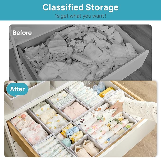 Vtopmart 18 Pack Baby Clothes Organizer, Dresser Drawer Organizer for Baby Clothing, Foldable Fabric Closet Drawer Storage Bins, Dresser Dividers for Bra, Socks, Ties, Scarf
