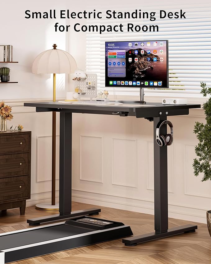 Okin Small Electric Standing Desk, 40" x 24" Whole Piece Height Adjustable Black Sit to Stand Desk Computer Workstation for Home Office