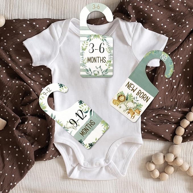 Whaline 8Pcs Baby Closet Size Dividers Watercolor Jungle Animals Hanging Wooden Baby Closet Organizer Double-Sided Newborn to 24 Months Thicken Baby Wardrobe Organizer