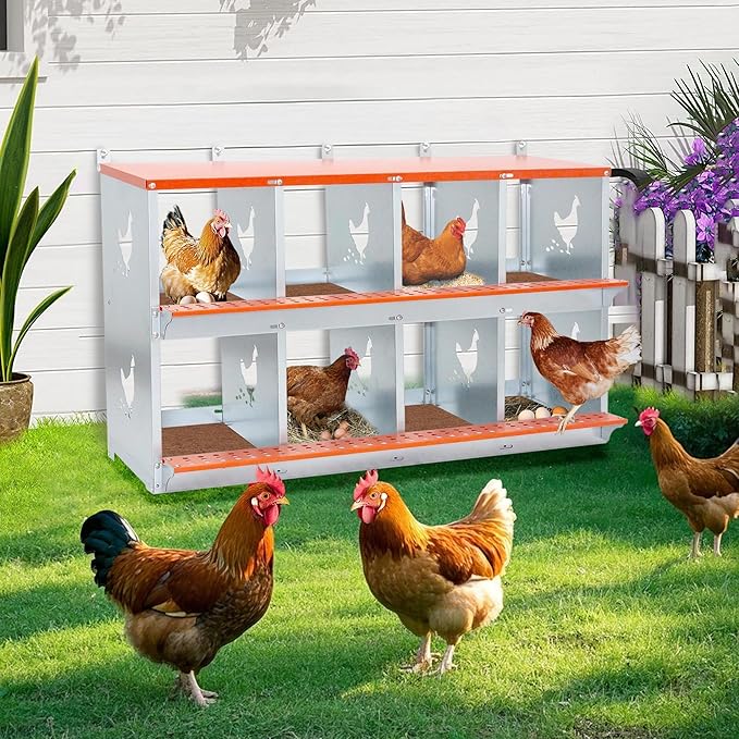 8-Bay Metal Nest Box for Chickens Wall Mount, Galvanized Steel Hen Nesting Box with Vent Holes, Easy to Clean & Assemble, Includes Coconut Fiber Pad, Orange/Silver