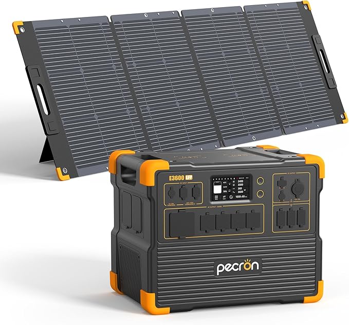 pecron Solar Generator E3600LFP 3072Wh with 300W Solar Panel, 5x3600W AC Outlets Portable Power Station, LiFePO4 Battery Backup Expanded to 15.36KWh, Power Station for Home Use, RV, Camping, CPAP