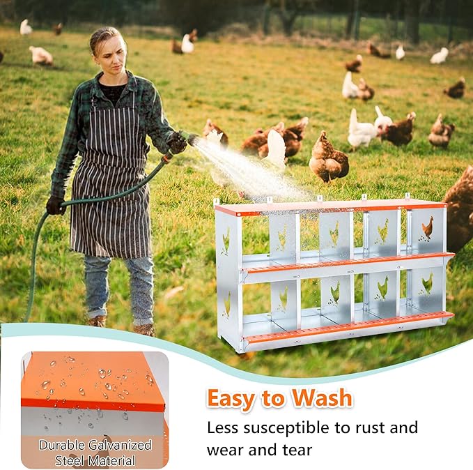 Chicken Nesting Boxes, 8 Rooms Hens Nest Box, Metal Poultry Nest Box Wall Mount for Chickens Egg Laying Box Collection Vented Holes Chicken Coop Cages Equipment, Orange (8 Rooms)