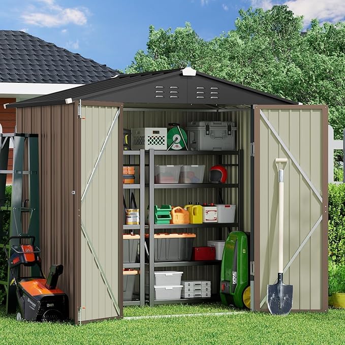 Gizoon Outdoor Storage Shed 6 x 4 FT, Galvanized Metal Garden Shed with Double Lockable Doors, Outdoor Storage Clearance for Backyard Patio Lawn-Light Brown