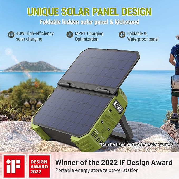 BROWEY Portable Power Station, 1000W Solar Generator with Built-in Solar Panel, 614WH/192000mAh LiFePO4 Battery Pack, AC/DC/USB/PD Outputs, for Outdoor Camping, RV Travel, Emergency Preparedness
