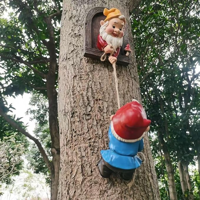 Climbing Gnomes Tree Faces Decor Outdoor for Yard, Adorable Gnome Elf Out Hugger Fairy Door Statue for Tree, Funny Garden Gnome Peeker Sculpture Yard Patio Art