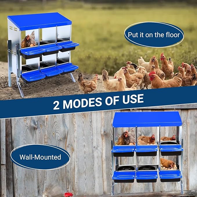 [6-Pack] Chicken Nest Box for Hens - Galvanized Steel Wall-Mounted or Freestanding Chicken Nest with Ventilation Holes - Poultry Nest Box with Legs for Egg Laying (Blue)
