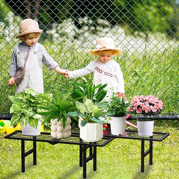 1 Tier Plant Stand Indoor Outdoor, 2 Pack Foldable Heavy Duty Metal Plant Shelf, Multi-Plant Display Flower Pot Holder for Garden Patio Balcony, Black