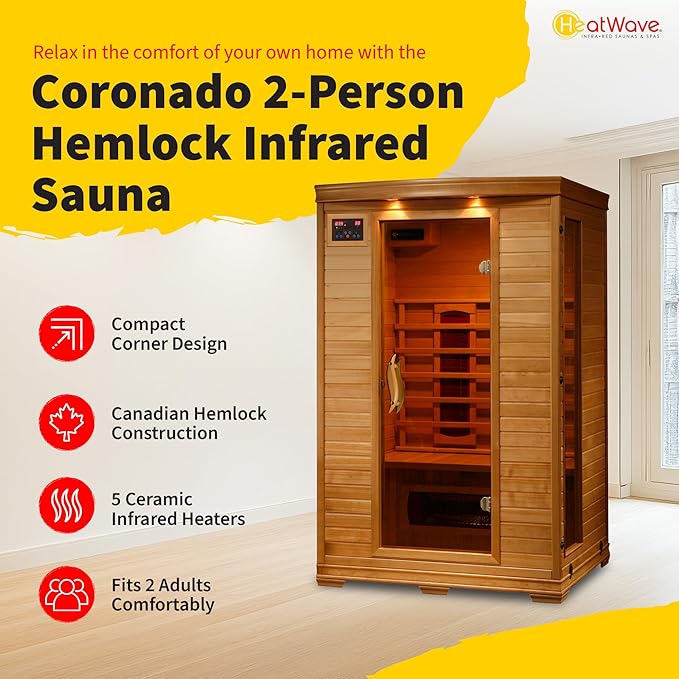 HEATWAVE Coronado 2 Person Hemlock Infrared Sauna for Home & Indoor Relaxation – With 5 Ceramic Heaters, Chromotherapy Lighting, Tempered Glass Door, Sound System, Ergonomic Backrests