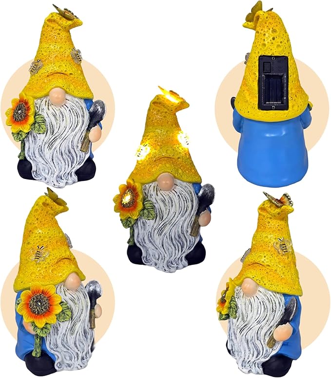 Garden Gnomes Outdoor Decor Solar Gnomes Statues with Butterfly Bee Sunflower Led Lighted Dwarf Outside Decorations for Yard Patio Lawn Ornaments Gifts for Women Mom