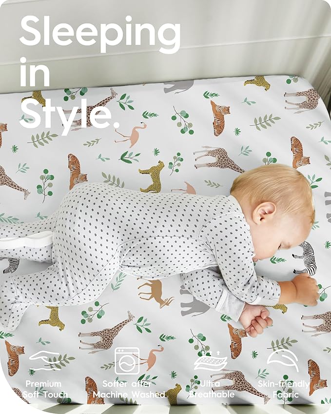 Pack N Play Sheets Fitted, TotBasic Ultra Soft Mini Crib Sheets Safari, Premium Jersey Knit Pack and Play Sheets Neutral, Stretchy Play Yard Sheets for Pack and Play Mattress, 2 Pack (Rabbit Giraff)