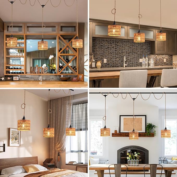 3-Light Hanging Light with Plug in Cord, Plug in Pendant Light 22ft Hemp Rope