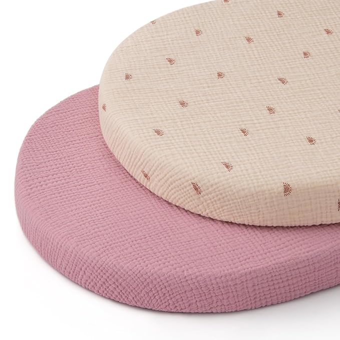 Blissful Diary Muslin Bassinet Sheets for Baby Girls Boys, Boho Soft Cotton Fitted for Oval Hourglass Rectangle Mattress, 2 Pack(Sunshine&Blush Pink)