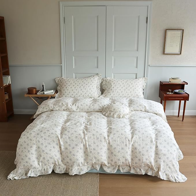 BuLuTu Vintage Blue Floral Duvet Cover Queen Size, Cotton Muslin Quilt Cover with Ruffles, Farmhouse Bedding Comforter Cover 90"x90", Zipper & Corner Ties, Freesia Print, No Pillow