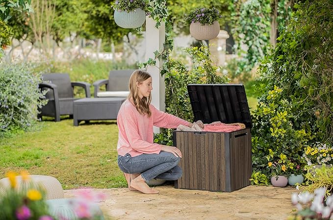 Keter Signature Everwood 30 Gallon Resin Outdoor Storage Box and Patio Furniture Side Table for Pool and Garden Accessories, Walnut