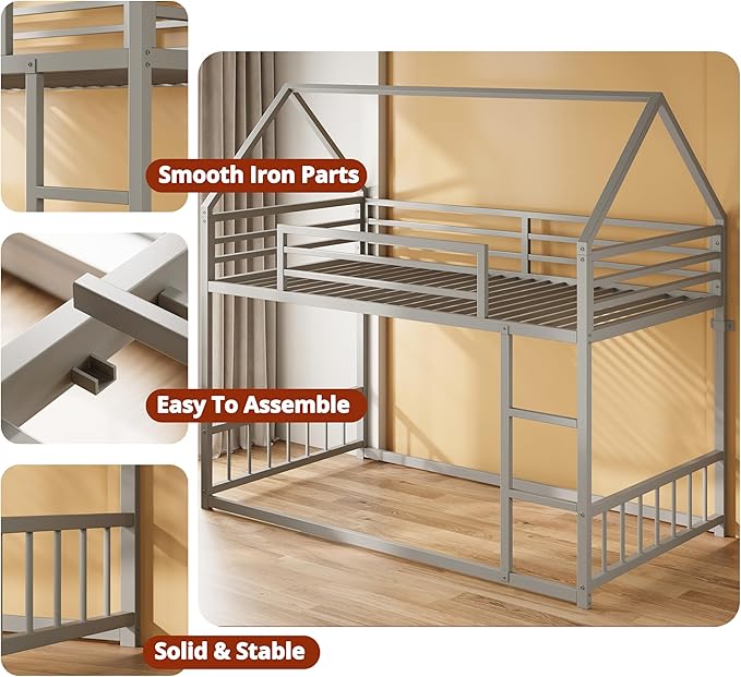 LIKIMIO Bunk Bed Twin Over Twin, House Bunk Bed Frame with Ladder and Guardrail, House Shaped with Metal Slats for Dormitory and Bedroom, Space Saving, No Box Spring Needed, Grey
