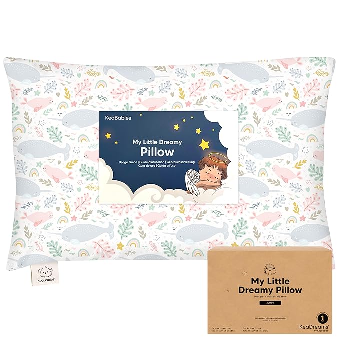 KeaBabies Toddler Pillow with Pillowcase, Jumbo 14X20 - Soft Organic Cotton Toddler Pillows for Sleeping - Machine Washable - Perfect for Travel, Toddler Bed Set (Narwhal)
