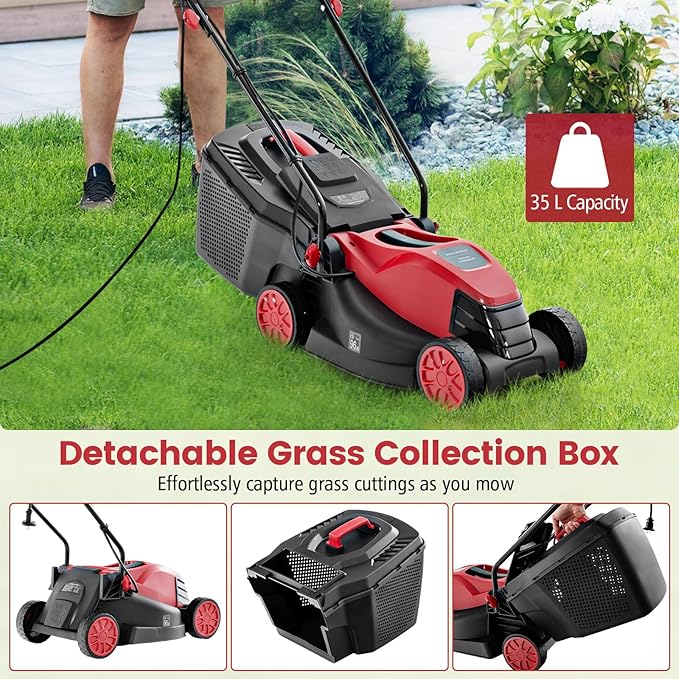S AFSTAR Electric Corded Lawn Mower, 12-AMP 14-Inch Walk-Behind Lawnmower with Collection Box, 3 Adjustable Height Position, Self Locking Function, Push Lawn Mower for Backyard Patio
