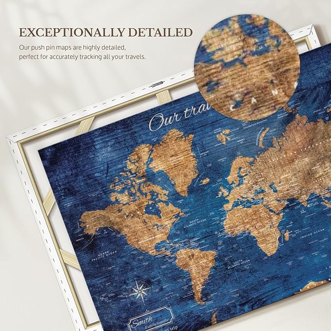 ElephantStock - Personalized Our Travel I Push Pin World Map Wall Art - Horizontal Canvas Wall Art - Living Room Wall Decor - Digital Art Map Canvas Art - Brown And Blue Decor - 24" x 16"