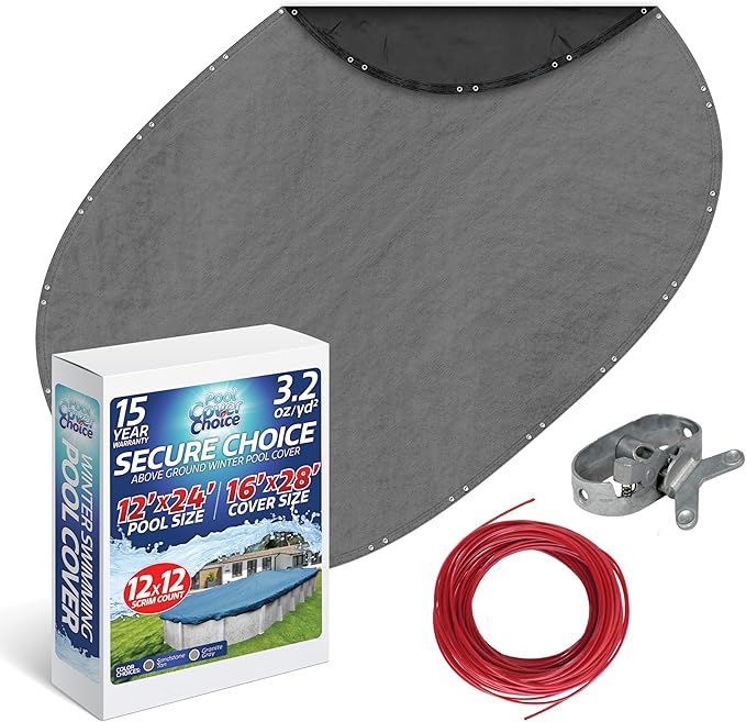 Winter Swimming Pool Cover for 12 ft x 24 ft Aboveground Oval Pool Size, Secure Choice Series, Solid Material, Color - Granite Gray, Pool Cover Choice 331224-4CHOICE