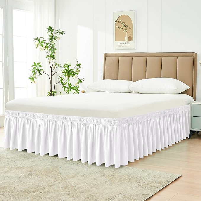 Biscaynebay Wrap Around Bed Skirts for Twin & Twin XL Beds with Short Drop of 12", White Adjustable Elastic Dust Ruffles Easy Fit Wrinkle Resistant Silky Luxurious Fabric Machine Washable