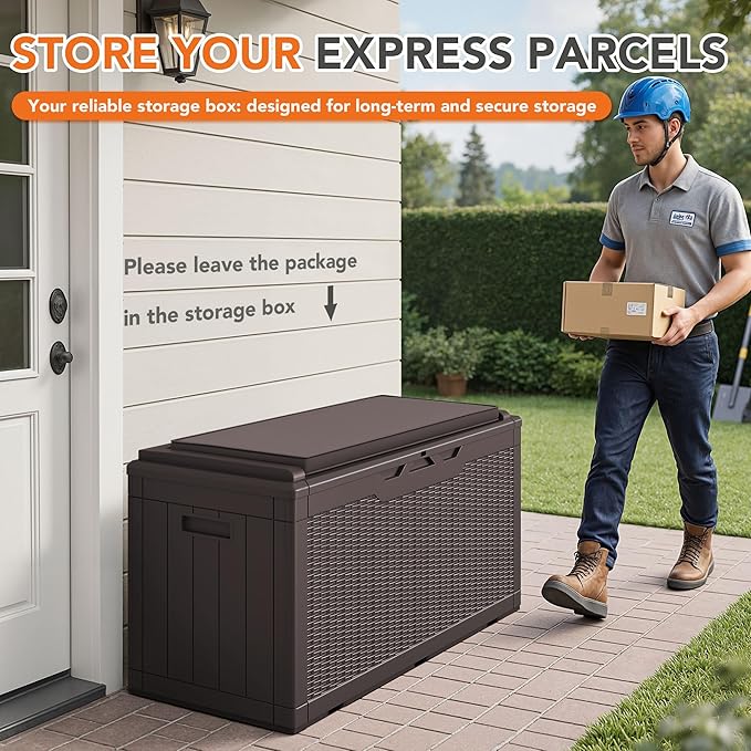 110 Gallon Deck Box Outdoor Indoor Waterproof Storage Box for Patio Furniture, Pool Accessories, Garden Tools, and Cushion Storage, Brown