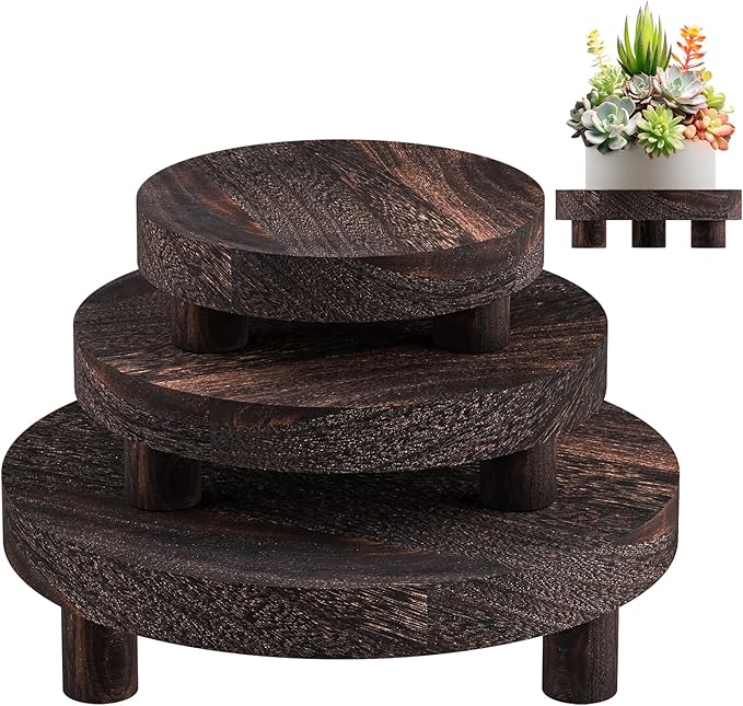 3 Pcs Wood Plant Stand Indoor Outdoor, Round Wood Riser for Decor 6/8/10" Wooden Stool Display Stand Flower Pot Holder Small Planter Tray Modern Potter Decorative for Desktop Counter Room