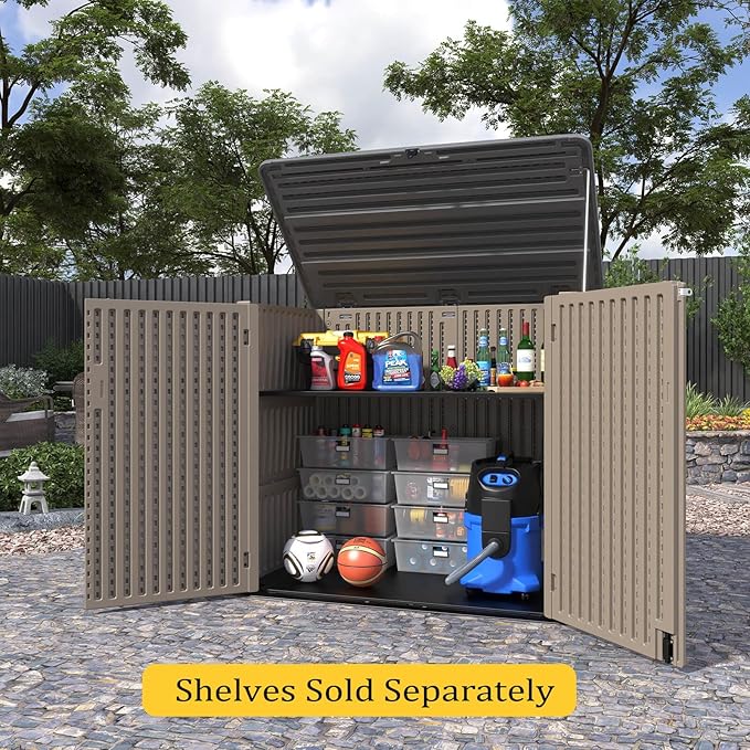 HOMSPARK Storage Shed Weather Resistance, Multi-Purpose Outdoor Storage Cabinet Waterproof, Outdoor Storage Cabinet for Bike, Garbage Cans, Lawnmower, Garden Accessories (coffee, Extra Large-48 cu ft)