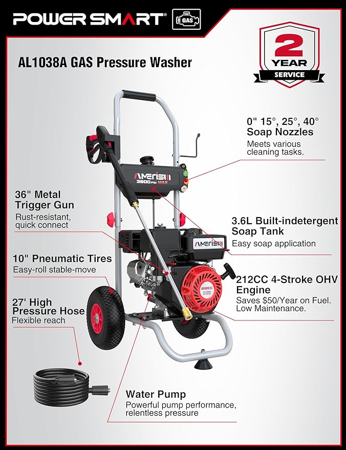 Gas Pressure Washer MAX 3800 PSI, MAX 2.5 GPM, 212CC, with Onboard Soap Tank, Metal Spray Wand, 5 Nozzles for House Siding, Driveways, Cars