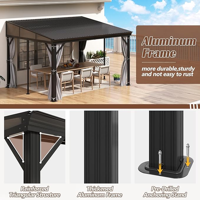 10' x 12' Hardtop Wall Mounted Gazebo, Lean to Gazebo with Galvanized Steel Roof Aluminum Frame Wall Gazebos Pergola with Netting&Curtains for Outdoor, Backyard, Patio