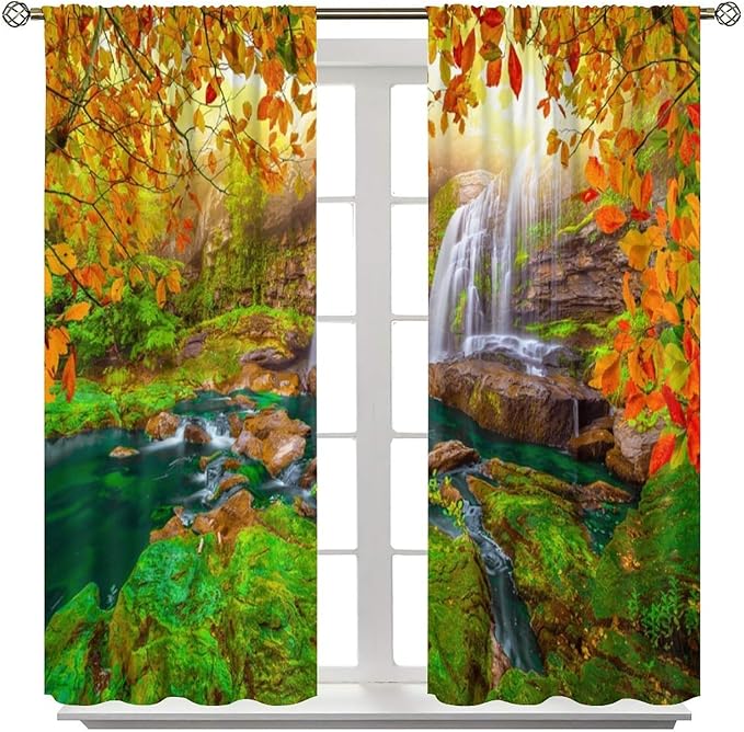 Waterfall Blackout Curtains, Waterfall Landscape Autumn Nature Leaves Forest Window Drapes, for Bedroom Living Room 84" W X 84" L