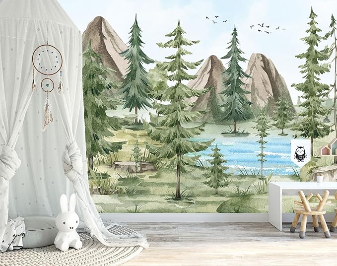 -Watercolor Green Pine Mural Cartoon Forest Fabric Wallpaper Children's Room 140" x 91"(Not Peel and Stick)
