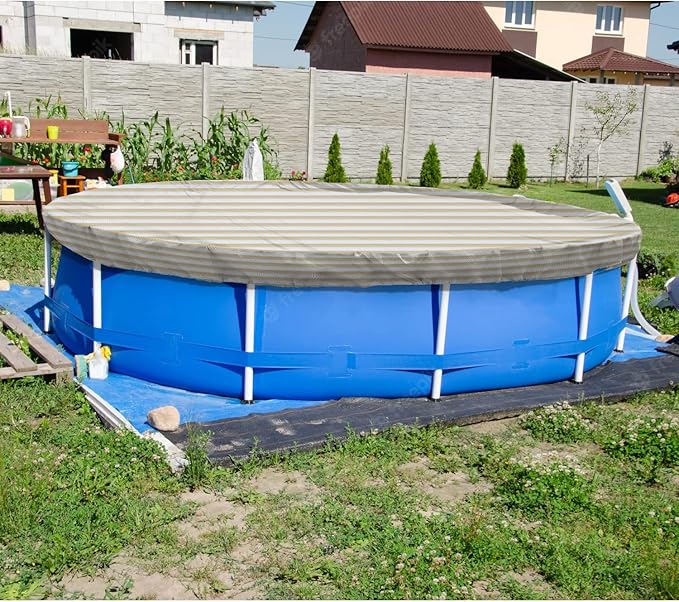 ECOOPTS 14 ft Round Pool Cover for Above Ground Pools, Swimming Pool Cover Protector Winter Safety Cover (Beige White Stripes)
