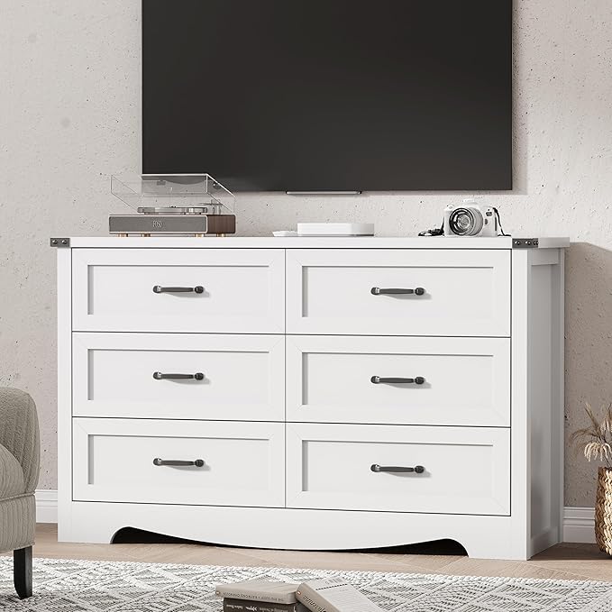 Dresser for Bedroom with 6 Drawers, 48" Wide Modern Chest of Drawers with Deep Drawers & Mental Handle, Wood Dresser TV Stand, Wooden Closet Storage Organizer for Living Room, Hallway, Entryway, White