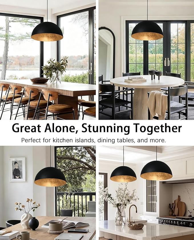 15 Inch Black and Gold Pendant Light, Bold Textured Matte Black Dome