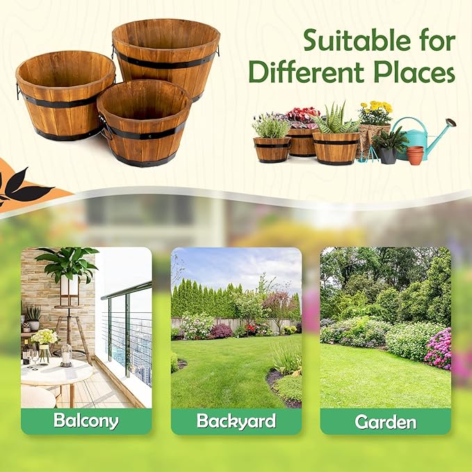 Idzo Set of 3 Wooden Flower Boxes Outdoor, Durable Acacia Wood Barrel Planters for Outdoor Plants with Ergonomic Handles, Drainage Holes, Multiple Sizes Wood Bucket Planter Light Brown