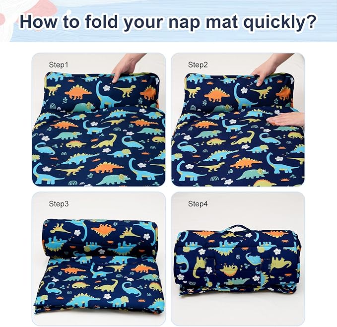 PHF Dinosaur Toddler Nap Mat Set, with Removable Pillow for Toddler Boys, Soft and Lightweight for Daycare, Preschool, Travel, Kindergarten Sleeping Bag, Fits Ages 3-6 Years, Dinosaur