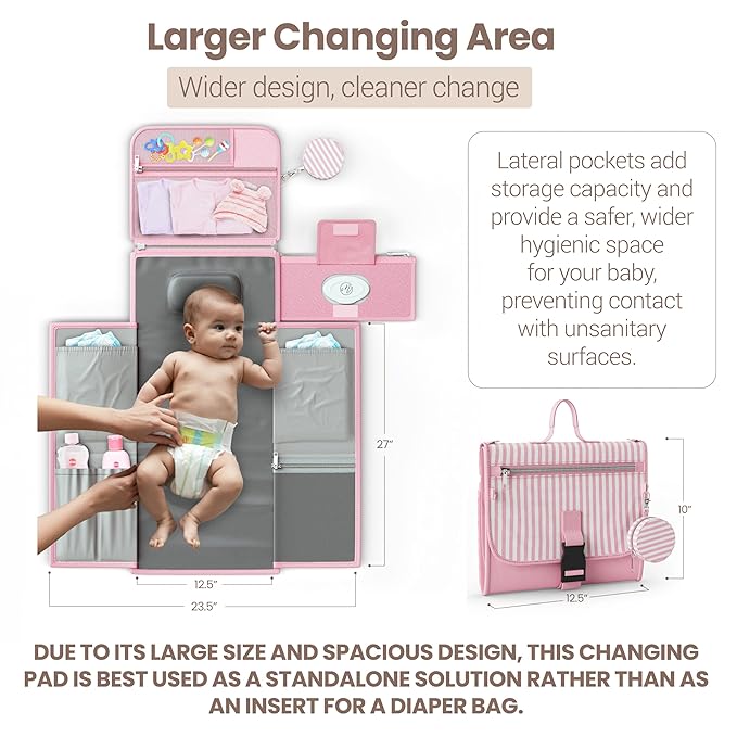Portable Diaper Changing Pad - Large, Waterproof Travel Changing Pad for Baby with Extra Storage, Wipes Pocket & Pacifier Case - Portable Diaper Changing Station - Pink Striped