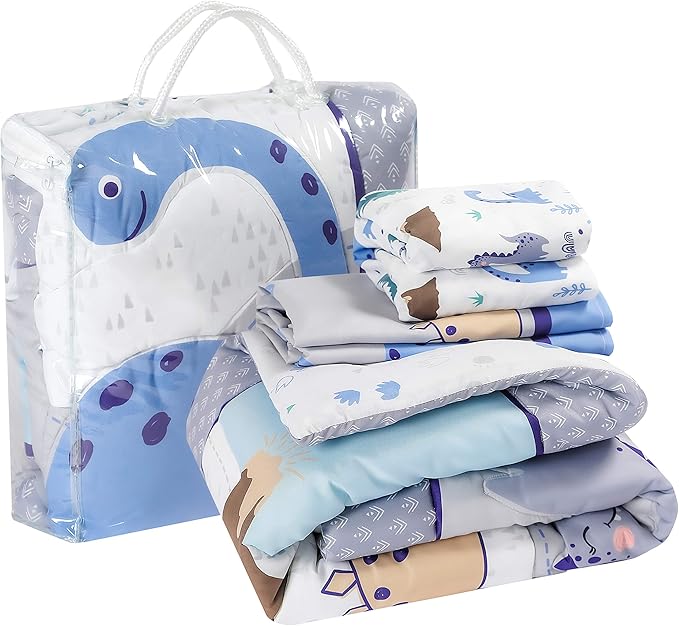 La Premura Baby Crib Bedding Set for Boys – Dinosaur 3 Piece Standard Size Nursery Crib Comforter Set, Grey/Blue - Unisex Baby Nursery Bedding and Neutral Decor