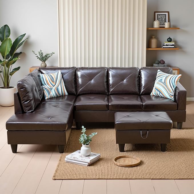 Osparple L Shaped Couch Faux Leather Sectional Couches for Living Room Upholstered 3 Pieces Modular Sectional Sofa with Chaise, Ottoman with Storage for Living Room and Small Apartment, Brown