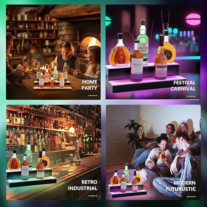 Led Lighted Liquor Bottle Display Shelf, 24 Inch 2 Tier Whiskey Rack, Support