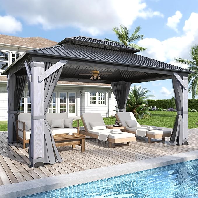 GARTOO 12' x 16' Outdoor Wood Gazebo - Permanent Wooden Hardtop Gazebo Pavilion with Double Curtains, Galvanized Steel Roof Cedar Wood Gazebos for Poolside, Garden, Lawn, Backyard Deck