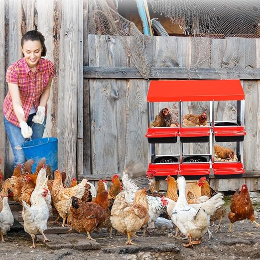 Garvee Chicken Nesting Boxes, 6 Hole Metal Chicken Laying Box with Removable Trays for Chicken Coop, Red