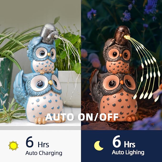 Solar Garden Statues Outdoor Decor, Watering Owl Statue Garden Decor, Resin Yard Decorations Outdoor for Patio, Porch, Balcony, Lawn Ornaments, House Warming Birthday Gifts for Mom Women Grandma