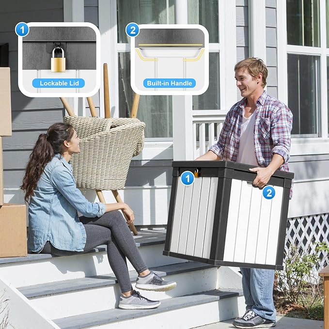 50 Gallon Deck Box,Resin Outdoor Storage Box with Lockable for Patio Furniture, Pool Accessories, Garden Tools, Waterproof Outside Storage Box, Black&White