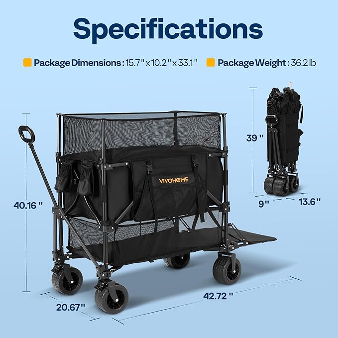 VIVOHOME 500L Large Capacity Double Decker Collapsible Wagon 500lbs Heavy Duty Utility Folding Cart with Big Wheels 53" Extended for Camping, Sports