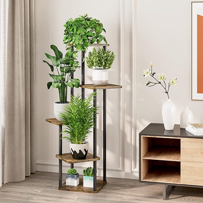 5 Tier Wood Tall Plant Stand Metal Rack Indoor, Multiple Flower Pot Holder Shelves Corner Rack, Planter Shelf Display Rack Storage Organizer for Patio Living Room Balcony Garden(Black)